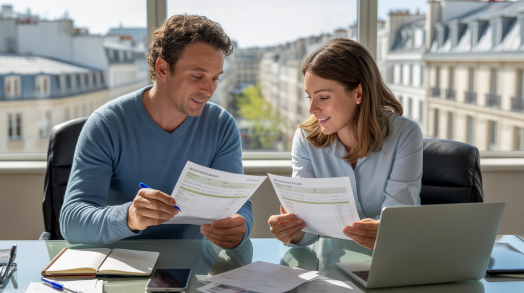 Deux professionnels français comparent leurs fiches de paie dans un bureau moderne avec vue réaliste sur Paris.