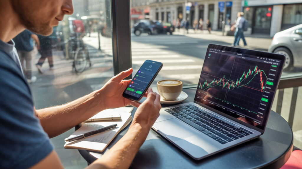 Scène réaliste d’une personne dans un café examinant une application de crypto-monnaie sur son téléphone et un graphique de marché sur un ordinateur portable, avec un décor urbain authentique en arrière-plan.