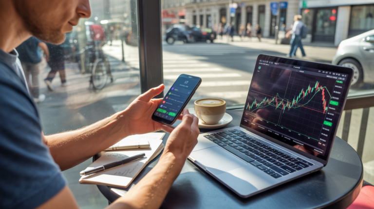 Scène réaliste d’une personne dans un café examinant une application de crypto-monnaie sur son téléphone et un graphique de marché sur un ordinateur portable, avec un décor urbain authentique en arrière-plan.