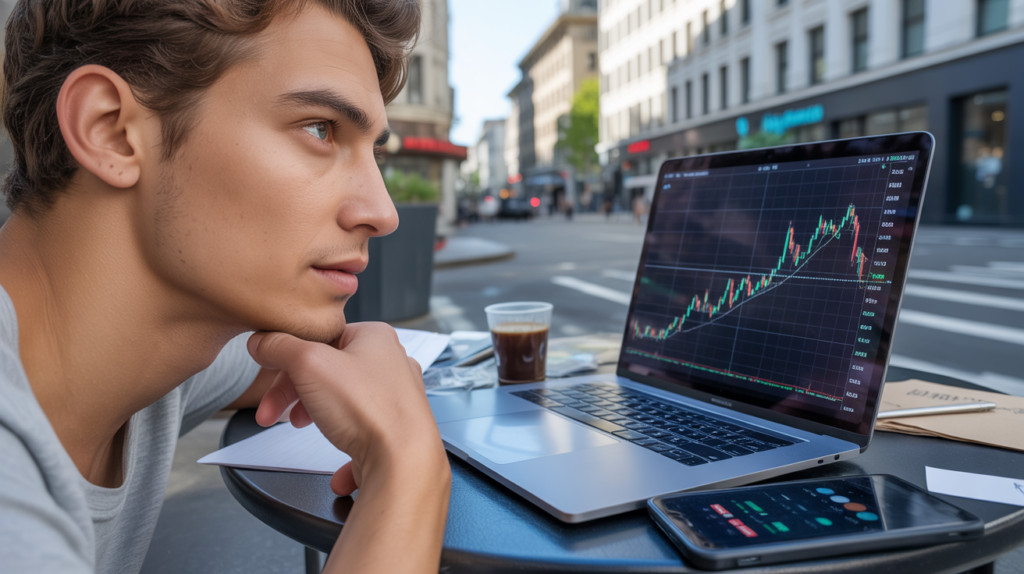 Scène réaliste d’un jeune professionnel comparant l’investissement crypto long terme et le trading court terme à une terrasse de café, avec un décor urbain authentique.