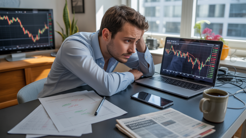 Jeune investisseur débutant à un bureau encombré, observant des graphiques boursiers volatils avec un air hésitant dans un appartement réaliste.