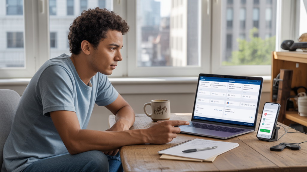 Jeune adulte comparant différentes plateformes crypto sur un ordinateur portable dans un appartement lumineux, scène réaliste et naturelle.