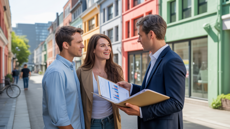 Scène réaliste montrant un couple discutant avec un conseiller immobilier devant un immeuble moderne dans un quartier urbain naturel.