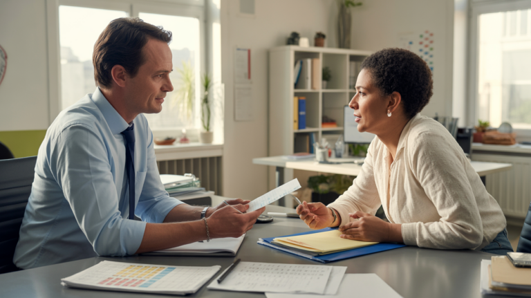 Scène réaliste dans un bureau moderne où un cadre échange avec un salarié au sujet de l’évolution professionnelle.