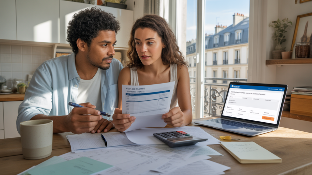 Jeune couple français examinant des documents d’épargne logement dans un appartement parisien réaliste et lumineux.