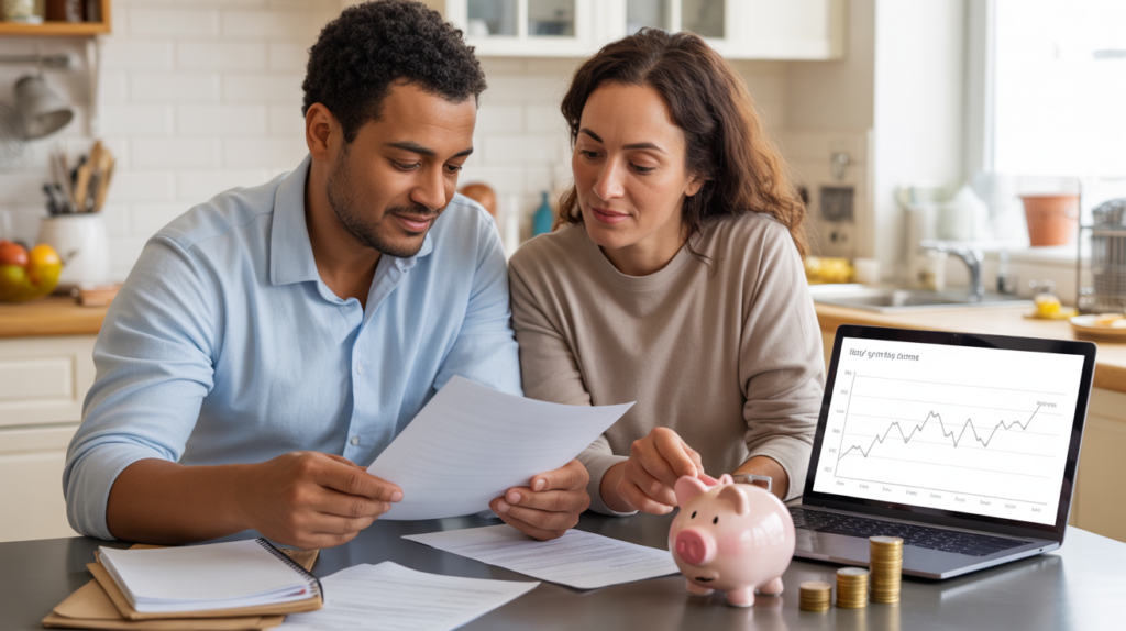 Scène réaliste d’un couple examinant calmement leurs économies et placements sûrs à une table de cuisine ensoleillée, avec documents, pièces et ordinateur.