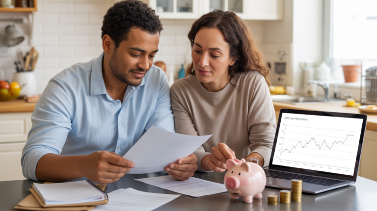 Scène réaliste d’un couple examinant calmement leurs économies et placements sûrs à une table de cuisine ensoleillée, avec documents, pièces et ordinateur.