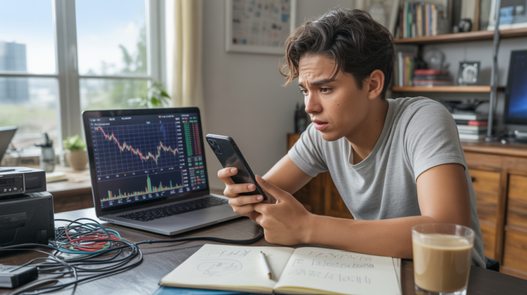 Jeune adulte inquiet devant un bureau encombré, analysant des graphiques crypto en chute, dans un intérieur réaliste et naturel.