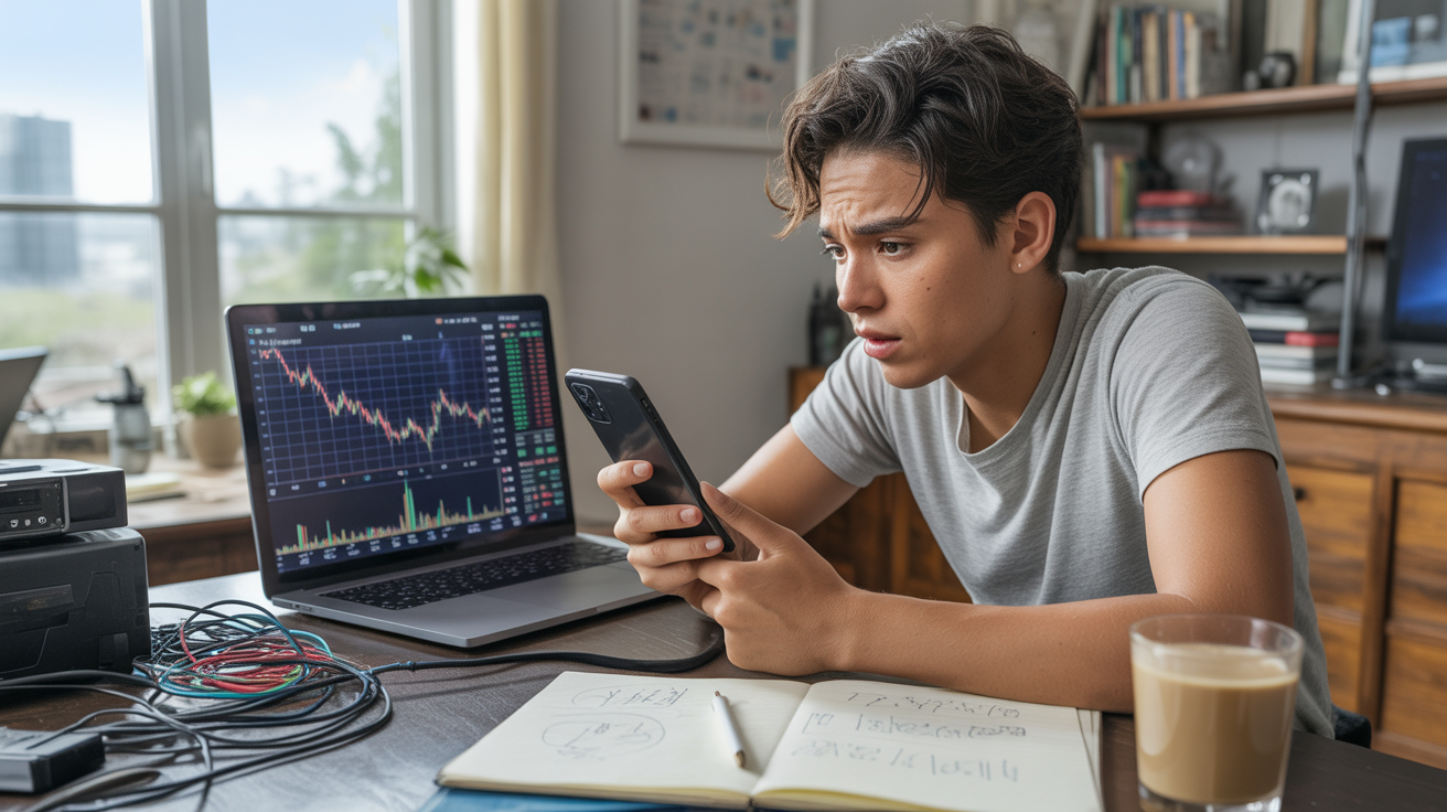 Jeune adulte inquiet devant un bureau encombré, analysant des graphiques crypto en chute, dans un intérieur réaliste et naturel.