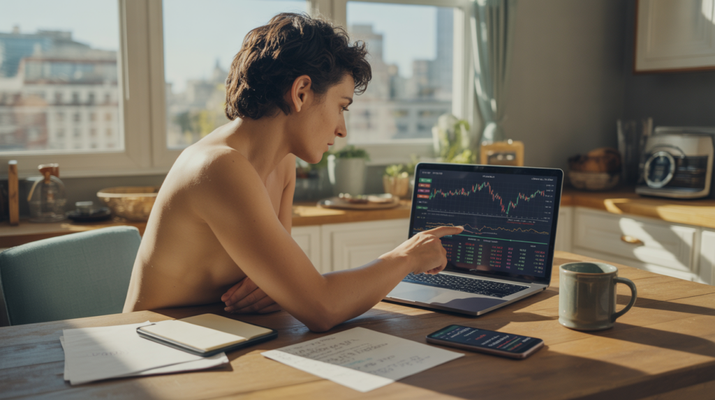 Jeune adulte apprenant les ETF sur un ordinateur portable dans une cuisine réaliste et lumineuse, avec graphiques financiers et décor naturel.