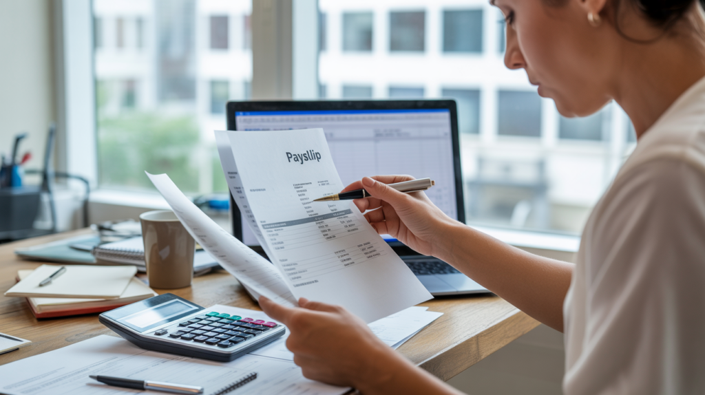 Employé examinant de manière réaliste une fiche de paie et des documents financiers dans un bureau lumineux, avec un décor authentique et des détails naturels.