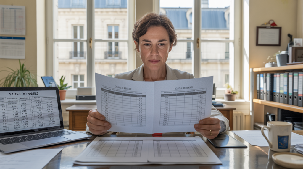 Scène réaliste dans un bureau d’administration publique française avec un agent examinant des grilles salariales.