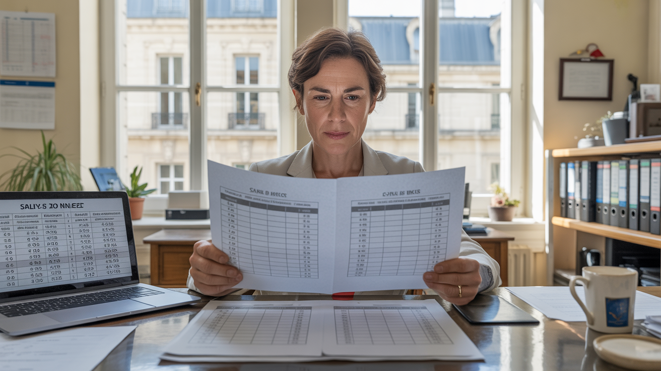 Scène réaliste dans un bureau d’administration publique française avec un agent examinant des grilles salariales.