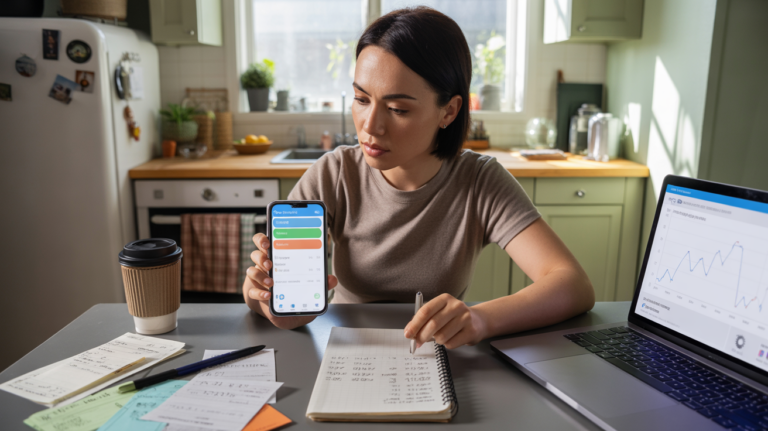 Personne assise à une table de cuisine utilisant une application de budget sur smartphone, entourée de reçus et d’objets du quotidien dans une scène réaliste et naturelle.