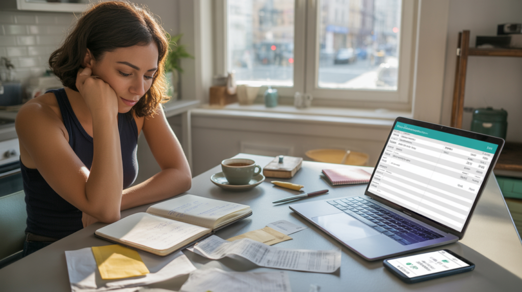 Personne en train de gérer son budget à une table de cuisine, entourée d’objets du quotidien et d’un appartement lumineux et réaliste.