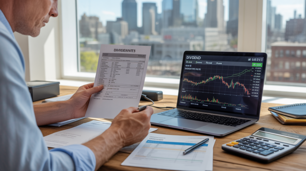 Scène réaliste d’une personne consultant des documents financiers et un tableau boursier affichant des dividendes, avec un bureau lumineux et une vue authentique sur une ville moderne.
