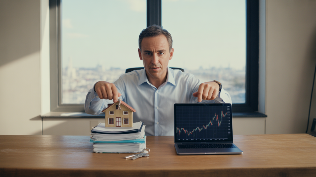 Conseiller financier comparant l immobilier et la bourse dans un bureau lumineux avec des objets realistes representant les deux choix.