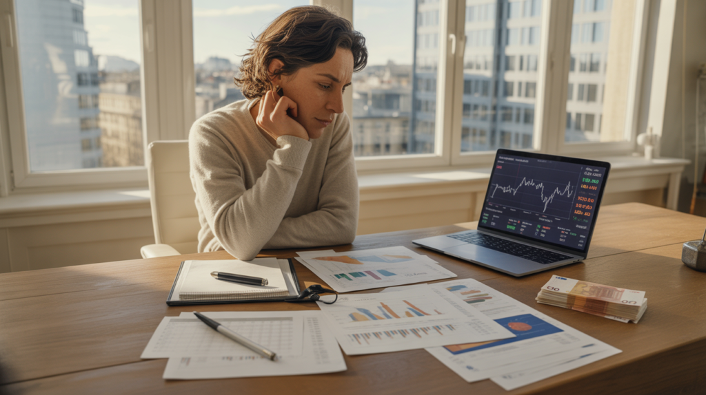 Personne analysant des options d’investissement sur un bureau en bois avec documents, graphiques, euros et vue sur une ville réelle, scène naturelle et réaliste.