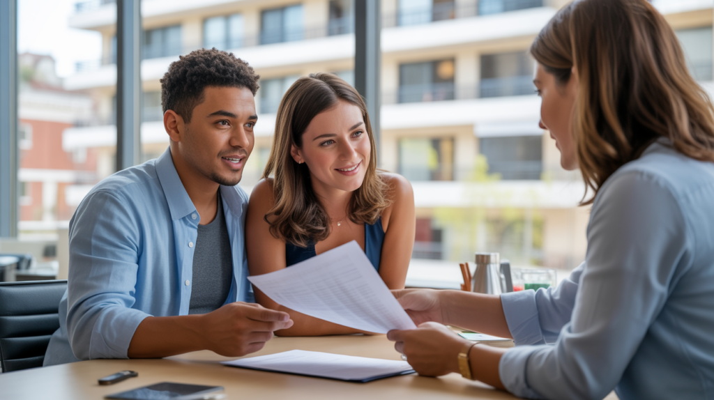 Scène réaliste d’un couple discutant avec un conseiller immobilier dans un bureau lumineux, avec un immeuble réel visible en arrière-plan.