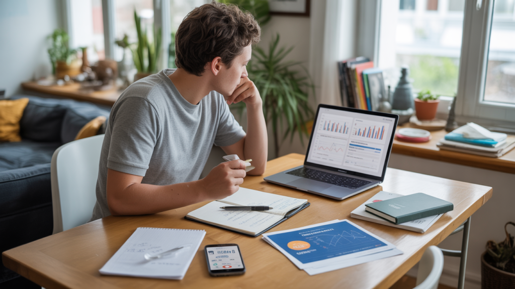Scène réaliste d’une personne analysant différentes options pour bien investir 10 000 euros.