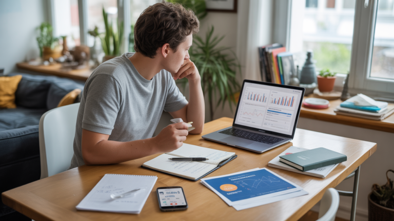 Scène réaliste d’une personne analysant différentes options pour bien investir 10 000 euros.