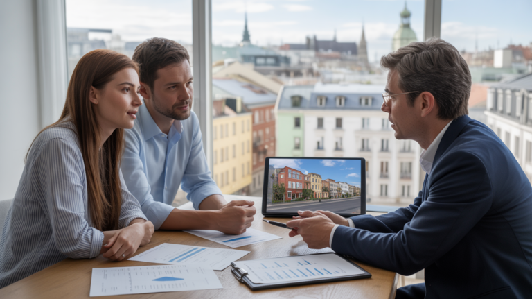 Scène réaliste d’un couple consultant un conseiller financier dans un bureau lumineux avec des documents immobiliers et une vue authentique sur la ville.
