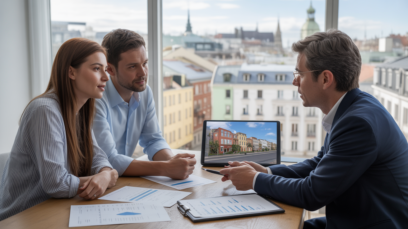 Scène réaliste d’un couple consultant un conseiller financier dans un bureau lumineux avec des documents immobiliers et une vue authentique sur la ville.