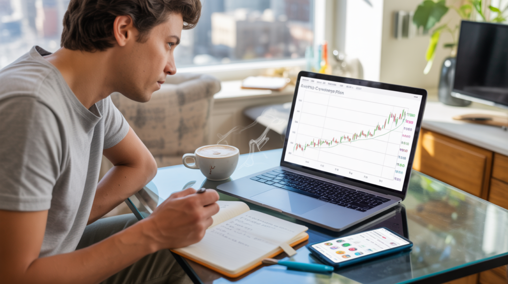 Investisseur analysant une stratégie DCA en crypto à une table de cuisine, avec ordinateur, notes et vue urbaine réaliste en arrière‑plan.