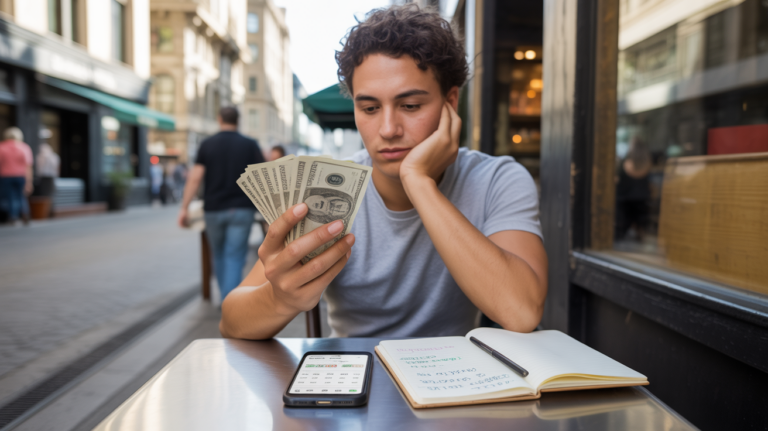 Jeune adulte dans un café réel examinant un petit budget et une application crypto, scène urbaine naturelle et authentique.