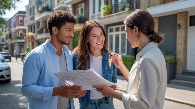 Jeune couple rencontrant un conseiller immobilier devant un immeuble réel pour discuter d’un premier investissement.