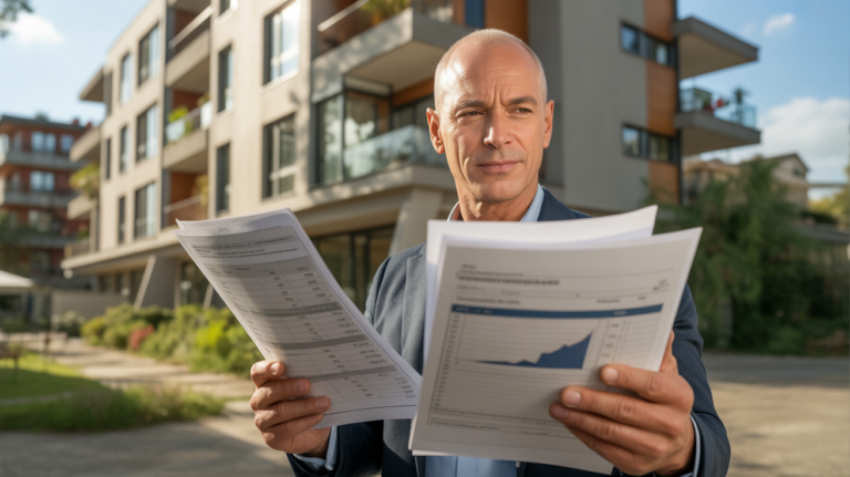 Scène réaliste montrant un investisseur immobilier devant un immeuble moderne en examinant des documents financiers.
