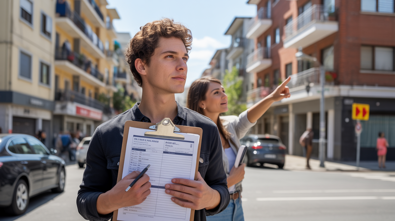 Débutant visitant de vrais immeubles locatifs en ville avec un agent immobilier, scène réaliste et naturelle.