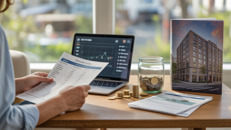 Scène réaliste d’un bureau à domicile ensoleillé où une personne examine ses investissements, avec des éléments financiers authentiques et un décor naturel.