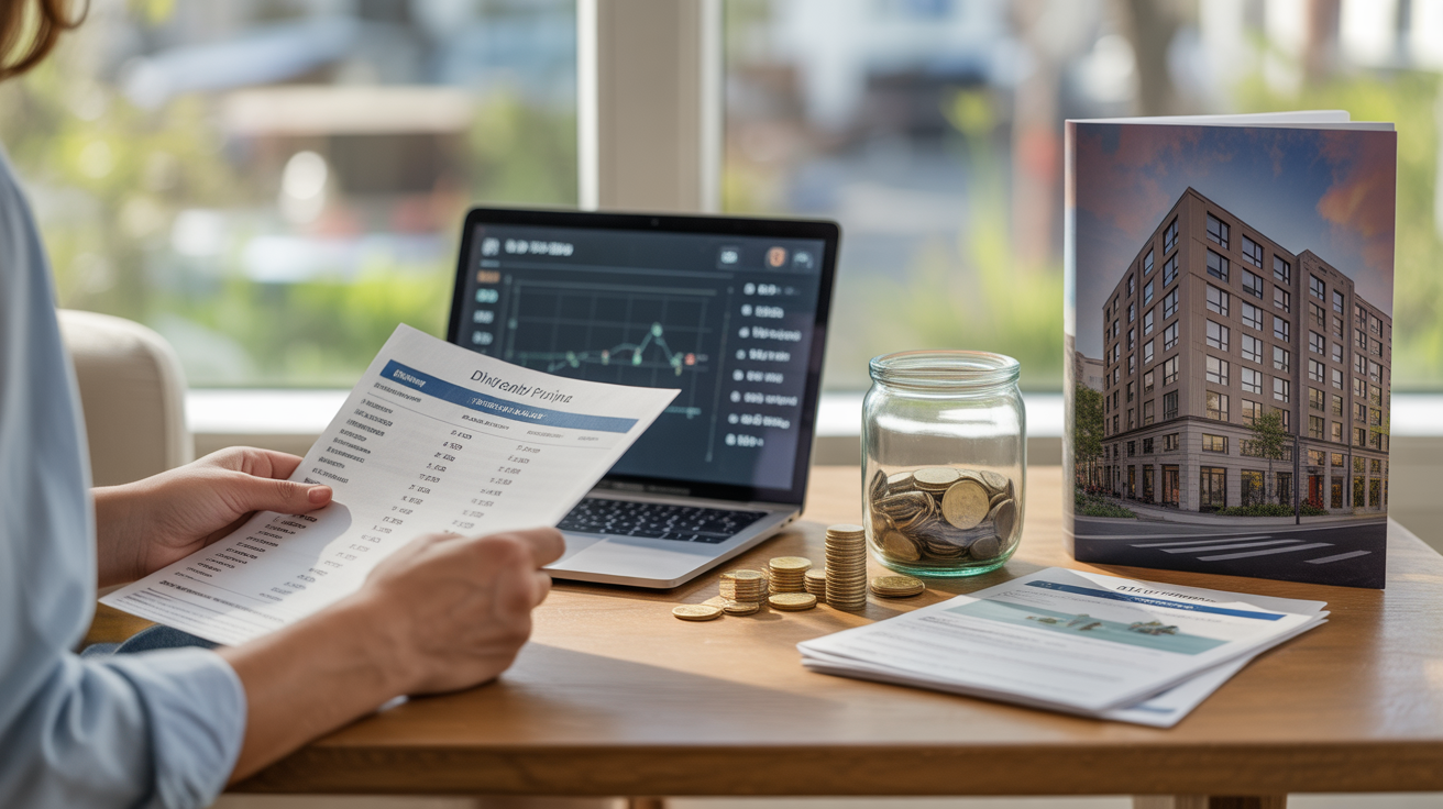 Scène réaliste d’un bureau à domicile ensoleillé où une personne examine ses investissements, avec des éléments financiers authentiques et un décor naturel.