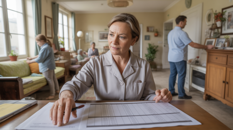 Scène réaliste dans une maison d’accueil avec une maîtresse de maison examinant des documents tout en supervisant la vie quotidienne.