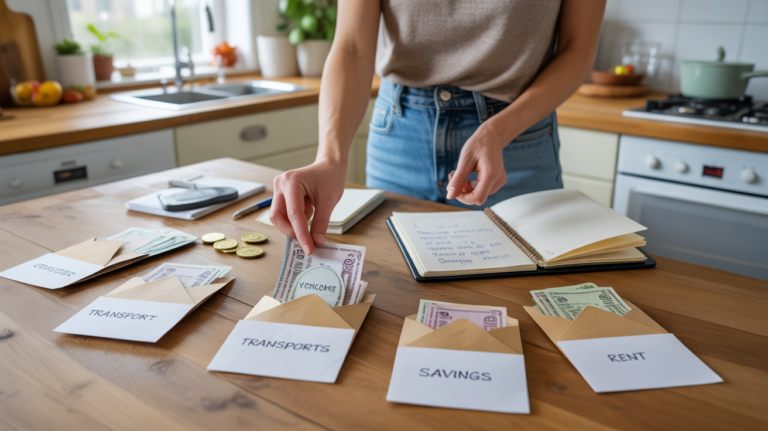 Scène réaliste d'une personne organisant son budget avec des enveloppes sur une table en bois dans une cuisine naturelle.