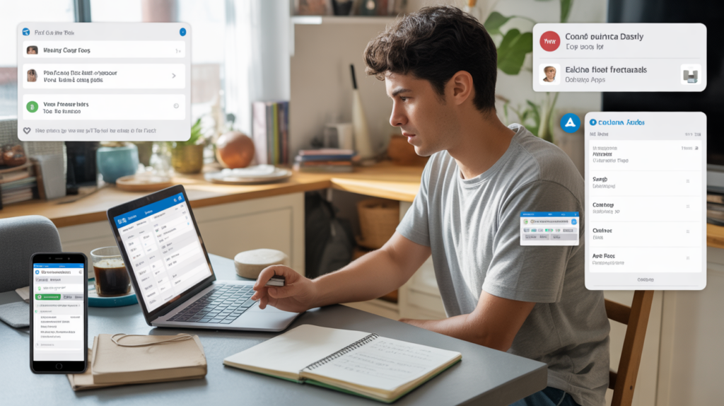 Jeune adulte travaillant sur des missions rémunérées en ligne dans une cuisine réaliste et authentique, avec ordinateur, smartphone et objets du quotidien.