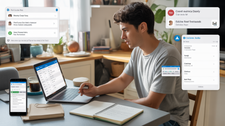 Jeune adulte travaillant sur des missions rémunérées en ligne dans une cuisine réaliste et authentique, avec ordinateur, smartphone et objets du quotidien.
