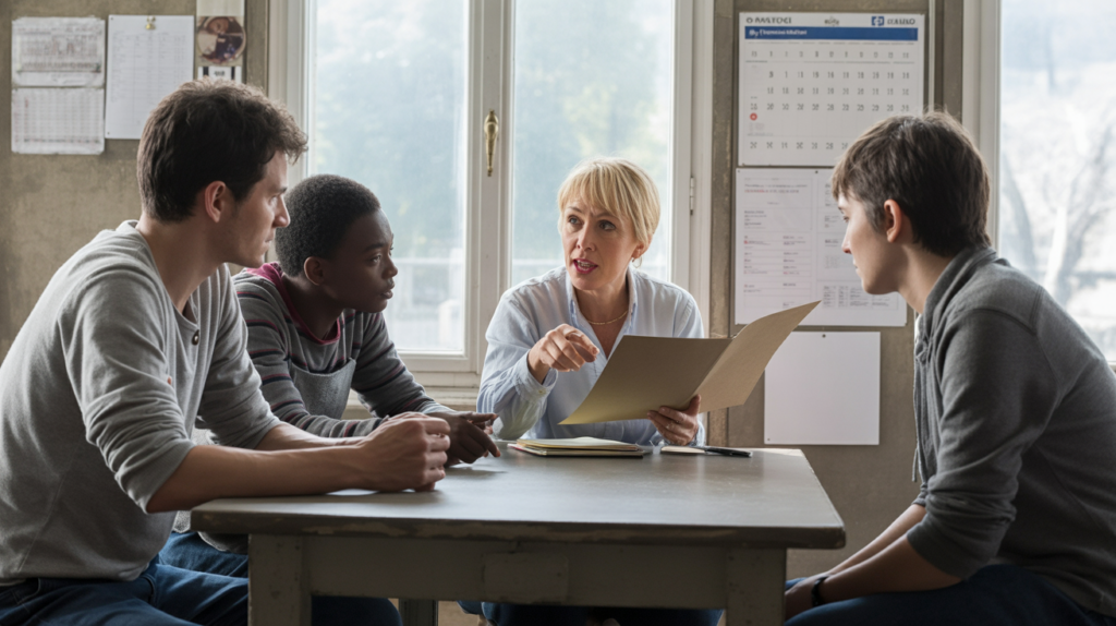 Scène réaliste dans un établissement social français avec un moniteur éducateur échangeant avec de jeunes adultes dans un cadre authentique et naturel.
