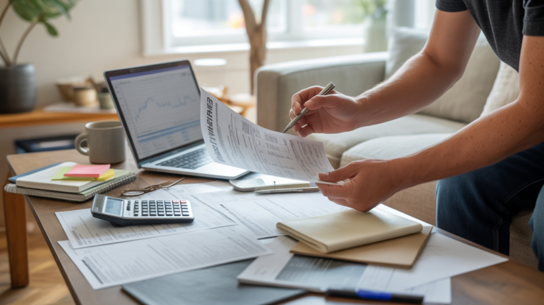 Personne analysant des documents fiscaux sur une table de salon en pleine lumière naturelle, avec ordinateur, calculatrice et papiers bien organisés.