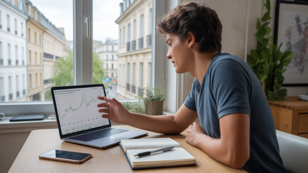 Jeune investisseur débutant analysant sereinement son PEA depuis un bureau lumineux avec vue sur des bâtiments réels.