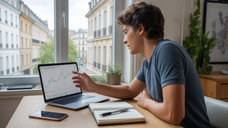 Jeune investisseur débutant analysant sereinement son PEA depuis un bureau lumineux avec vue sur des bâtiments réels.