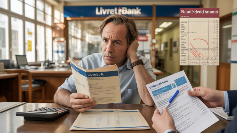 Scène réaliste dans une petite agence bancaire française où un épargnant examine son Livret A avec inquiétude, entouré de documents révélant erreurs et pièges.