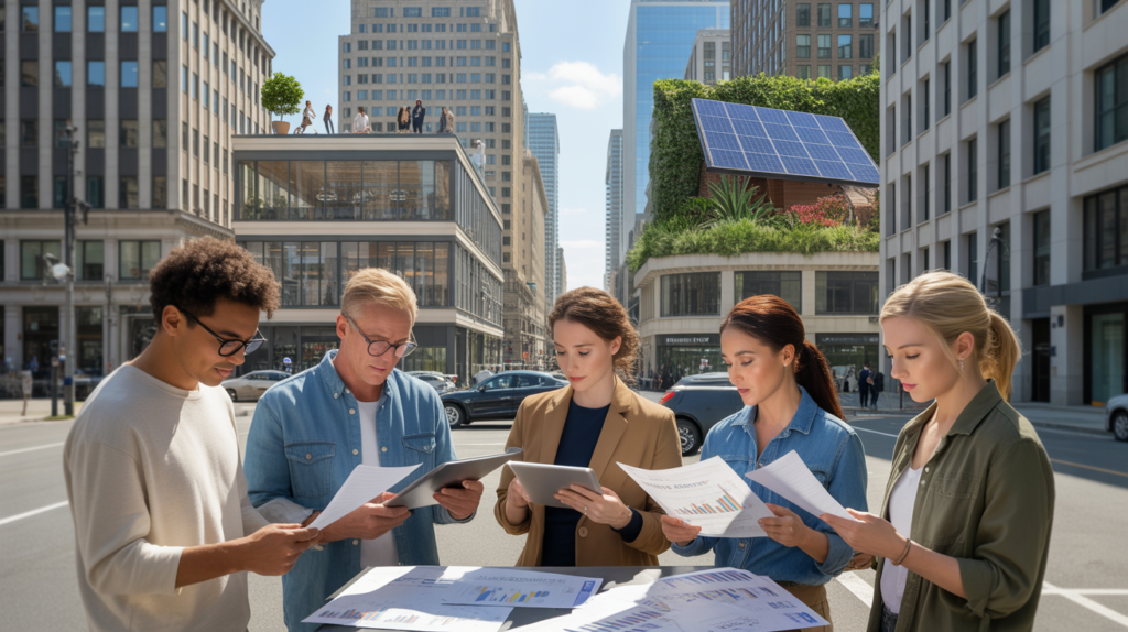 Scène urbaine réaliste montrant des personnes analysant des investissements, avec bâtiments réels, énergie solaire et ambiance naturelle.