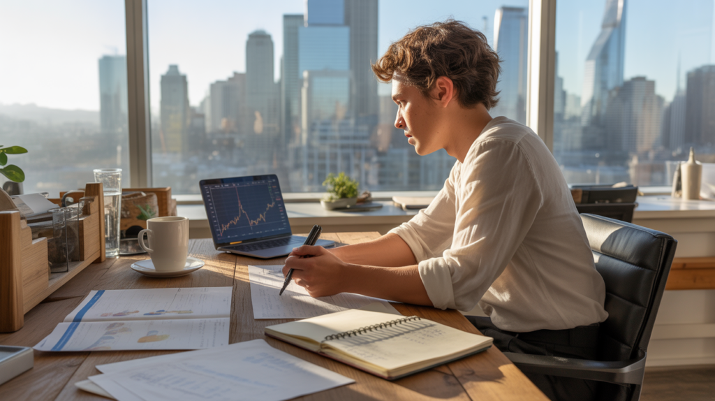 Jeune professionnel travaillant le matin devant une fenêtre avec vue sur une ville réelle, analysant des documents financiers dans une scène naturelle et réaliste.