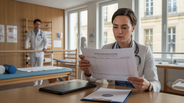 Scène réaliste d’un psychomotricien dans un centre de soins moderne examinant un tableau de progression salariale.