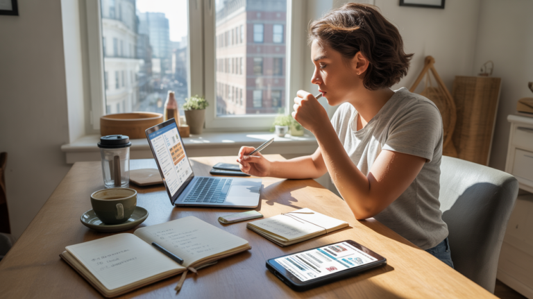 Jeune adulte travaillant dans un espace de travail lumineux et naturel avec ordinateur portable, objets du quotidien et ambiance réaliste évoquant des méthodes légales pour gagner de l'argent.