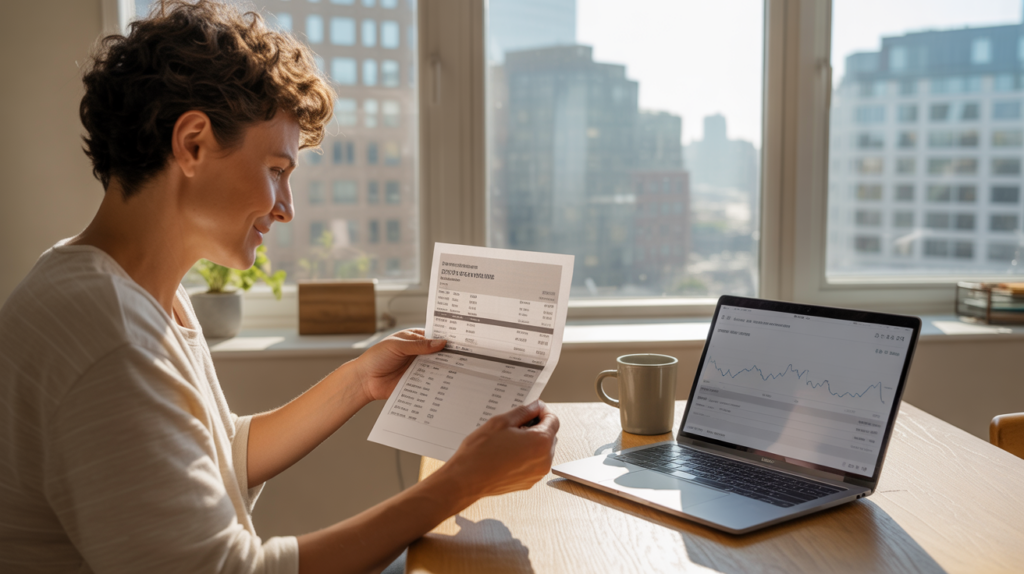 Personne analysant calmement ses revenus de dividendes dans un appartement lumineux avec vue réelle sur la ville.