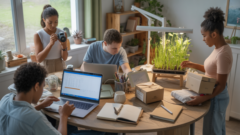 Scène réaliste montrant plusieurs personnes dans un intérieur naturel travaillant sur différentes idées de revenus complémentaires.