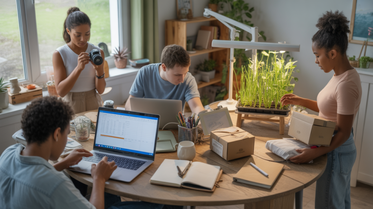 Scène réaliste montrant plusieurs personnes dans un intérieur naturel travaillant sur différentes idées de revenus complémentaires.